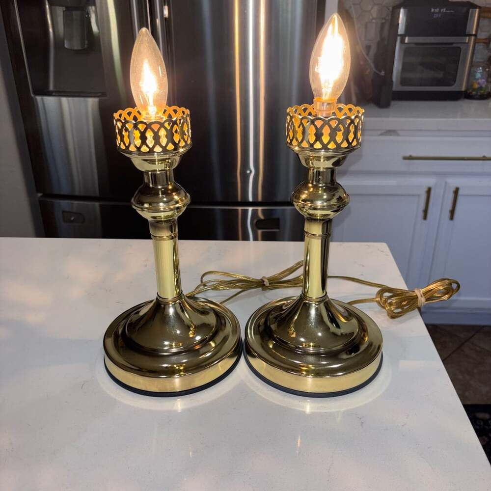 Vintage 80s Brass Tone Candlestick Touch Lamps - Working 3-Way Pair